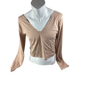 Peoria Womens Deep V-Neck Long Sleeve Crop Top*XXL*Beige*Stretch Soft Fabric*EUC